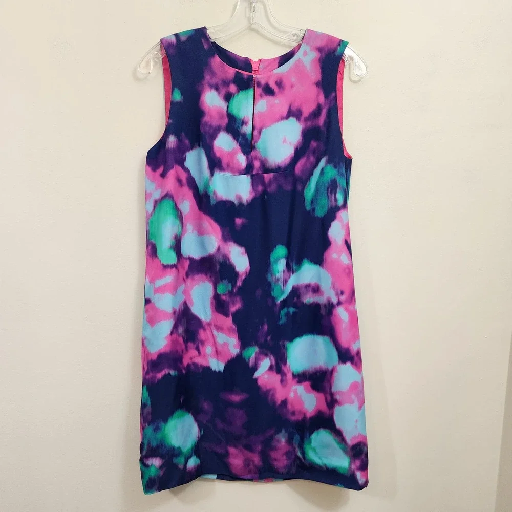 Kate Spade navy with neon tie dye exposed pink zipper shift dress woman's size 6